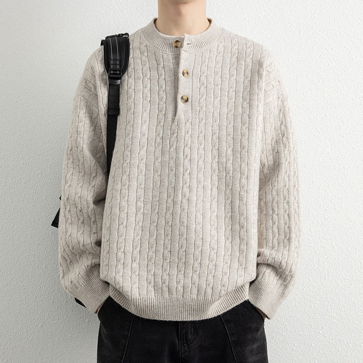 Buddha Stones Winter Crew Neck Three Buttons Twisted Design Warm Men's Long Sleeve Knitted Sweater - image 4