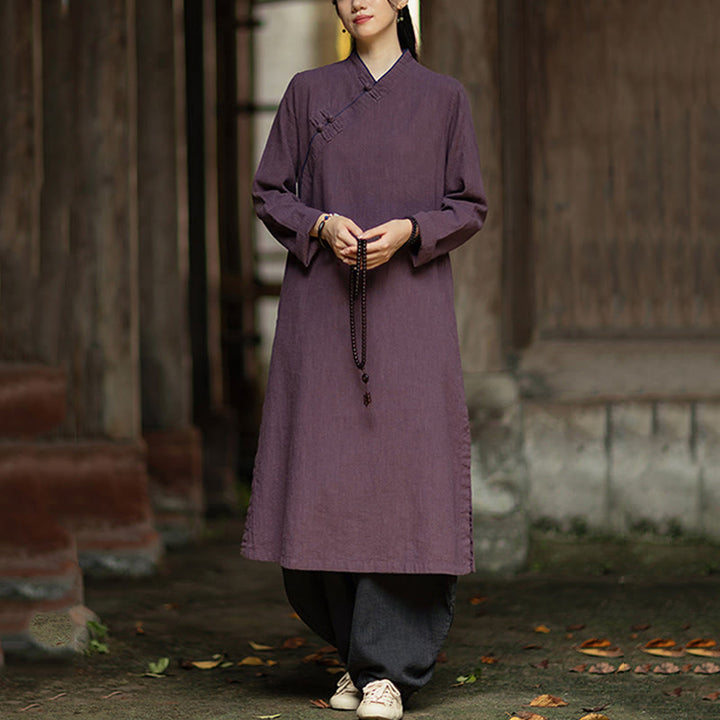 Buddha Stones Solid Frog-Button Long Sleeve Ramie Linen Midi Dress Cheongsam With Pockets - image 18