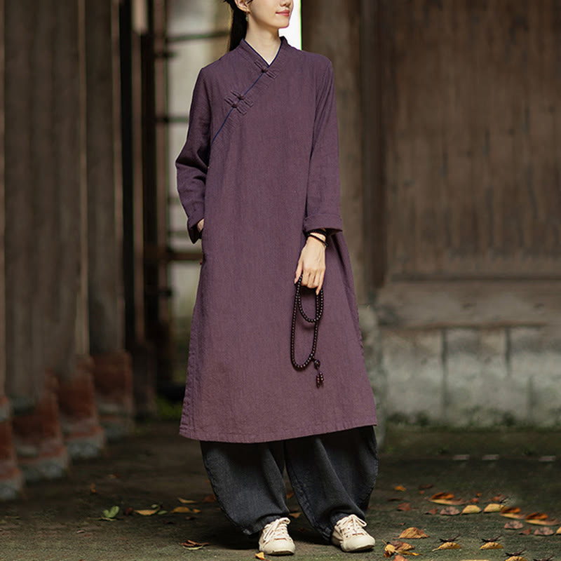 Buddha Stones Solid Frog-Button Long Sleeve Ramie Linen Midi Dress Cheongsam With Pockets - image 19