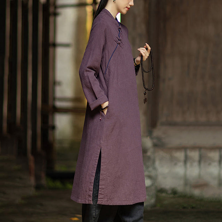 Buddha Stones Solid Frog-Button Long Sleeve Ramie Linen Midi Dress Cheongsam With Pockets - image 17