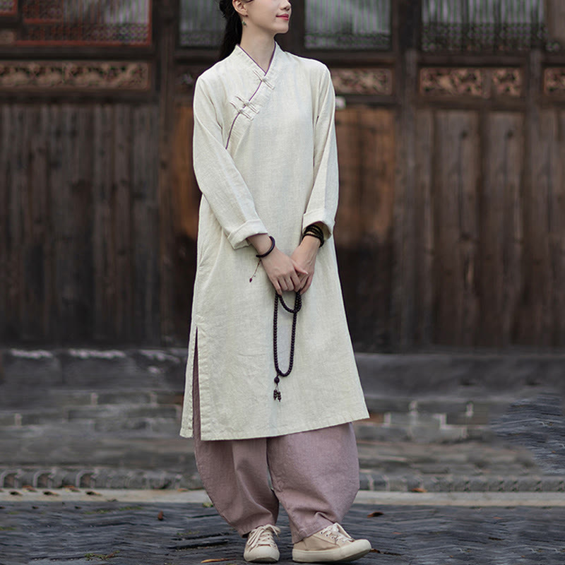 Buddha Stones Solid Frog-Button Long Sleeve Ramie Linen Midi Dress Cheongsam With Pockets - image 11