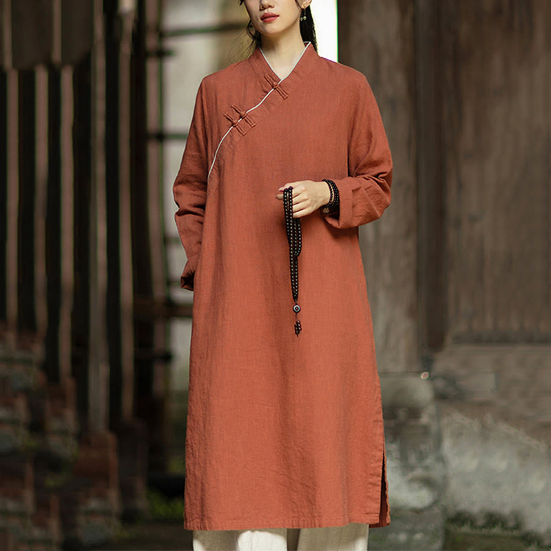 Buddha Stones Solid Frog-Button Long Sleeve Ramie Linen Midi Dress Cheongsam With Pockets - Chocolate - US4，UK/AU8，EU36 (F) - image 0