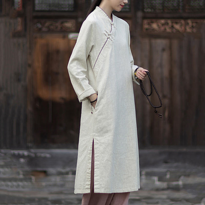 Buddha Stones Solid Frog-Button Long Sleeve Ramie Linen Midi Dress Cheongsam With Pockets - image 12