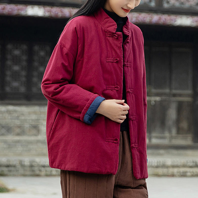 Buddha Stones Winter Solid Frog-Button Long Sleeve Cotton Women's Thermal Jacket With Pockets - image 23