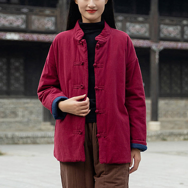 Buddha Stones Winter Solid Frog-Button Long Sleeve Cotton Women's Thermal Jacket With Pockets - image 21