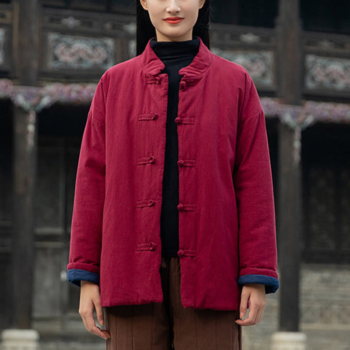 Buddha Stones Winter Solid Frog-Button Long Sleeve Cotton Women's Thermal Jacket With Pockets - image 19