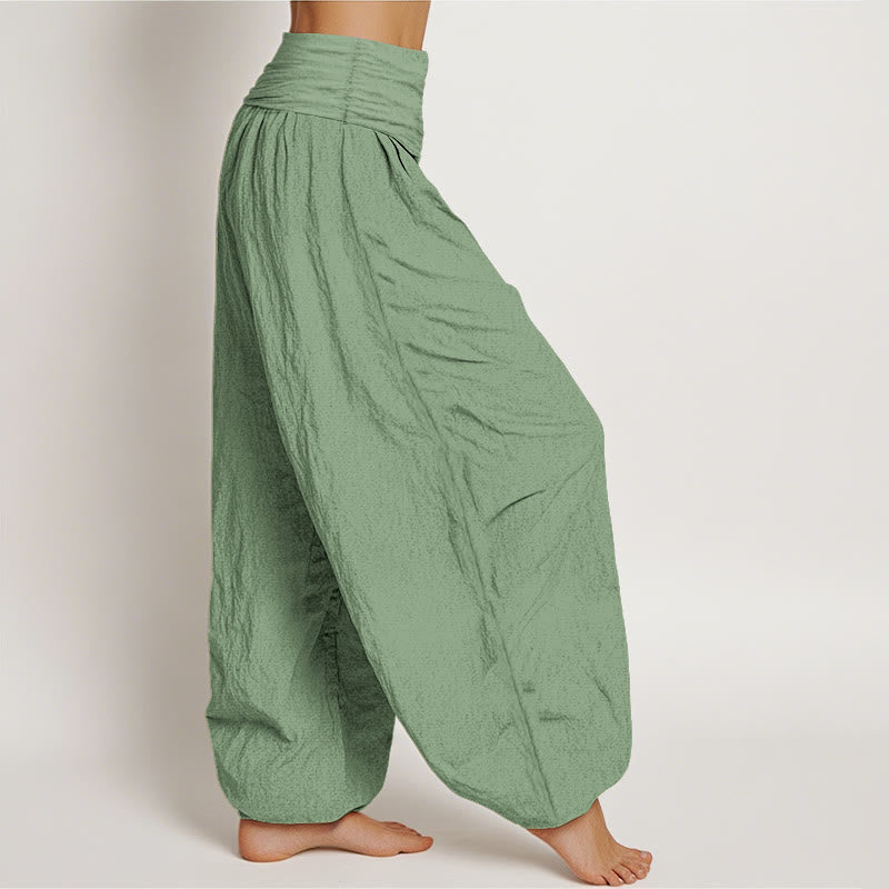 Buddha Stones Cotton Green Solid Color Women's Elastic Waist Harem Pants - image 2