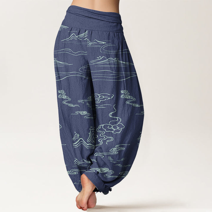 Buddha Stones Cotton Mountain Moon Auspicious Clouds Pattern Women's Elastic Waist Harem Pants - image 6