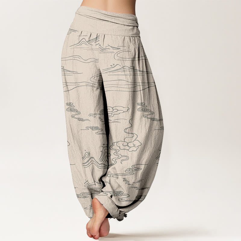 Buddha Stones Cotton Mountain Moon Auspicious Clouds Pattern Women's Elastic Waist Harem Pants - image 9