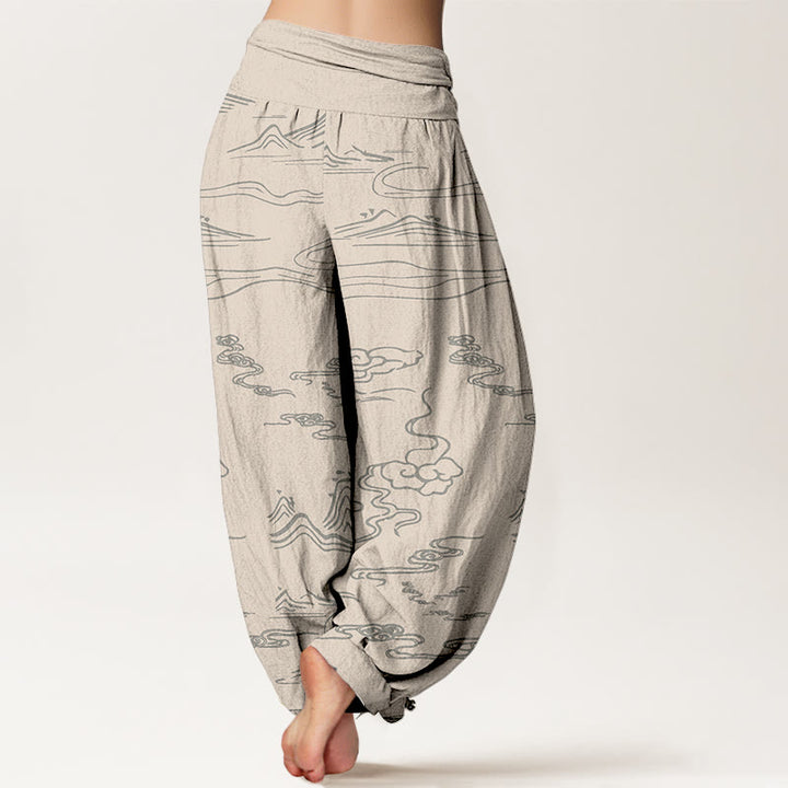 Buddha Stones Cotton Mountain Moon Auspicious Clouds Pattern Women's Elastic Waist Harem Pants - image 9
