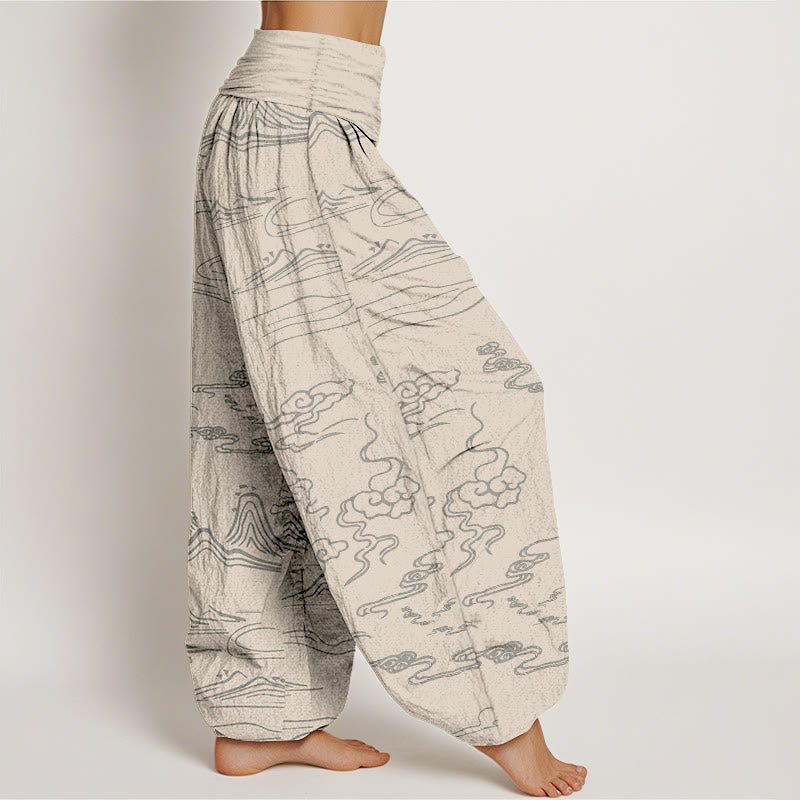 Buddha Stones Cotton Mountain Moon Auspicious Clouds Pattern Women's Elastic Waist Harem Pants - image 8