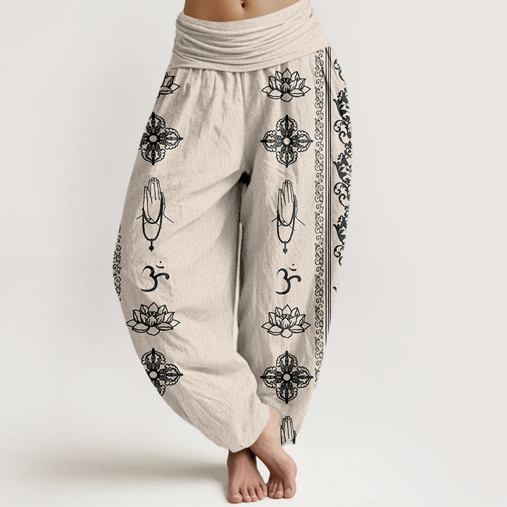 Buddha Stones Cotton Lotus Flowers Double Dorje Vajra Namaste Om Design Women's Elastic Waist Harem Pants - Beige - US22，UK/AU26，EU54 (6XL) - image 8