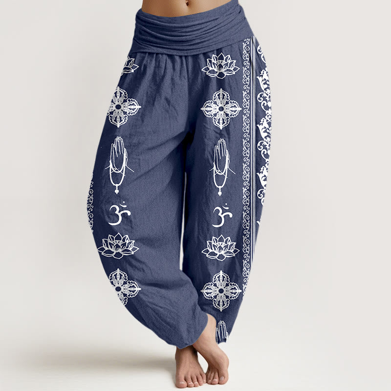 Buddha Stones Pure Cotton Lotus Flowers Double Dorje Vajra Namaste Om Design Women's Elastic Waist Harem Pants - SteelBlue - US22，UK/AU26，EU54 (6XL) - image 14