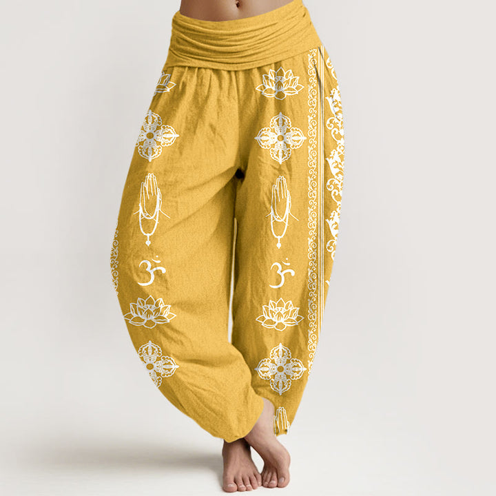 Buddha Stones Cotton Lotus Flowers Double Dorje Vajra Namaste Om Design Women's Elastic Waist Harem Pants - Gold - US22，UK/AU26，EU54 (6XL) - image 14