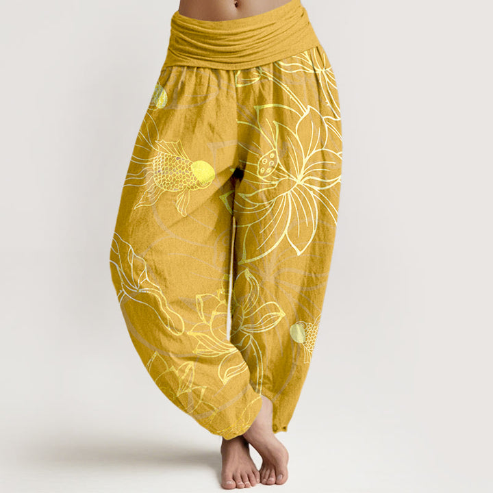 Buddha Stones Cotton Lotus Leaf Koi Fish Women's Elastic Waist Harem Pants - Gold - US22，UK/AU26，EU54 (6XL) - image 10