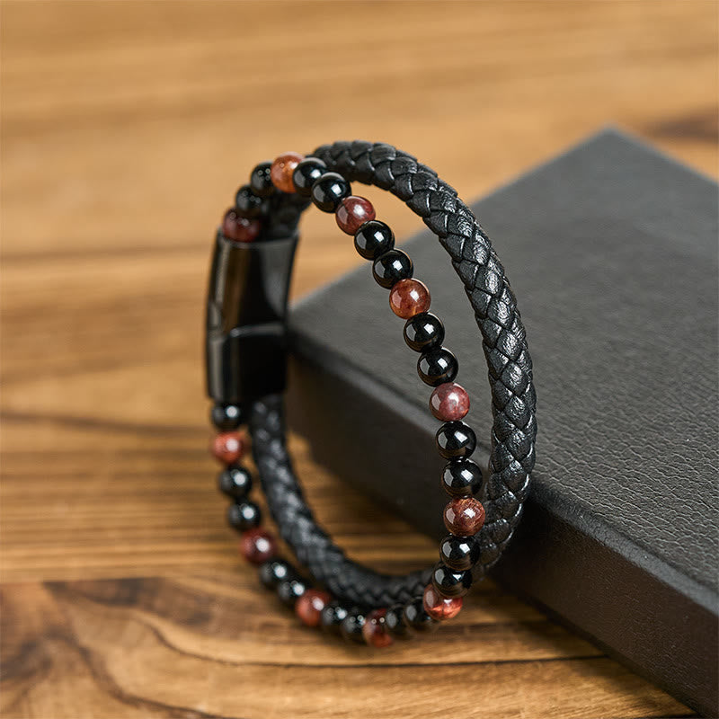 Buddha Stones Black Onyx Tiger Eye Titanium Steel Leather Protection Bracelet - image 3