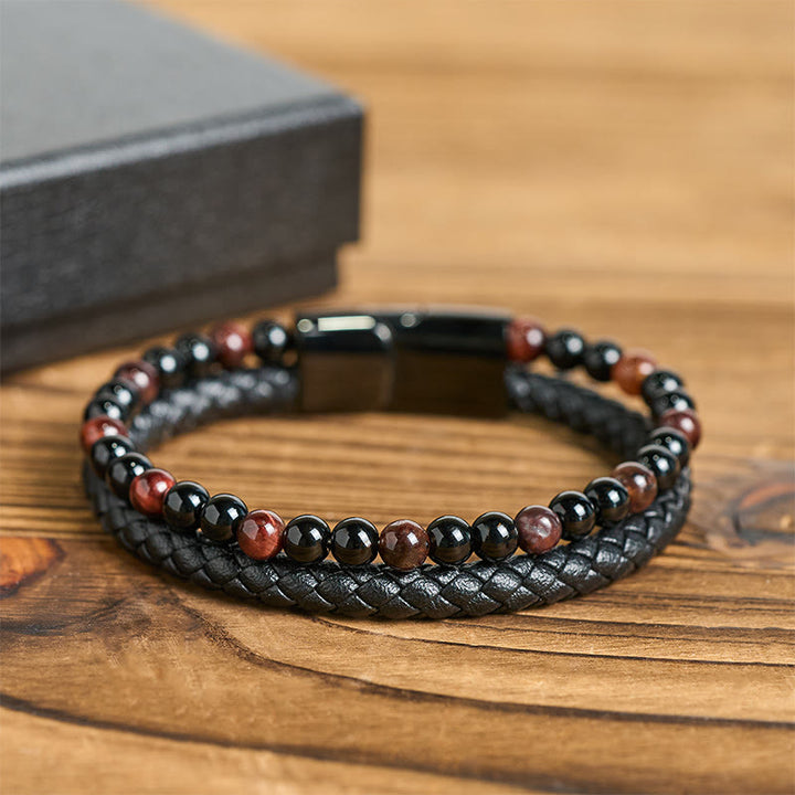 Buddha Stones Black Onyx Tiger Eye Titanium Steel Leather Protection Bracelet - image 1
