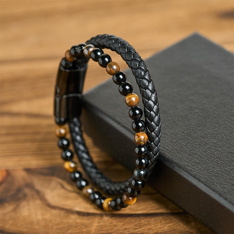 Buddha Stones Black Onyx Tiger Eye Titanium Steel Leather Protection Bracelet - image 12