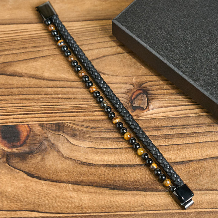 Buddha Stones Black Onyx Tiger Eye Titanium Steel Leather Protection Bracelet - image 13
