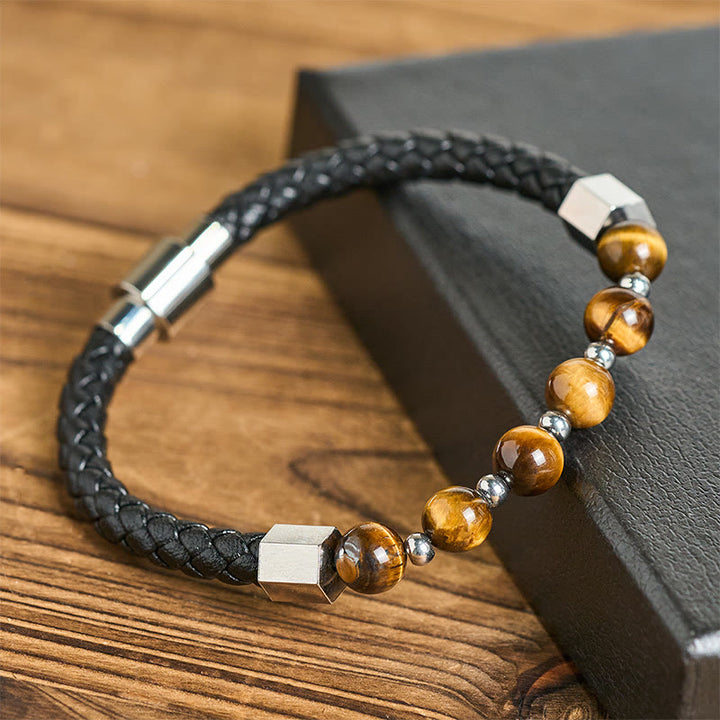 Buddha Stones Tiger Eye Titanium Steel Courage Balance Leather Bracelet - Tiger Eye(Wrist Circumference: 18-19cm) - image 0