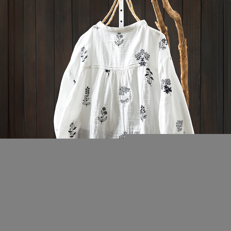 Buddha Stones Floral Embroidery Buttons Down Long Sleeve Women's Cotton Shirt - image 1