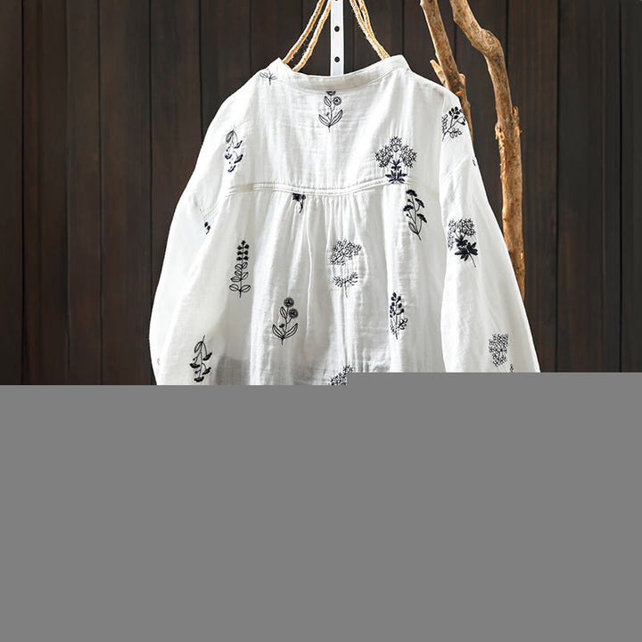 Buddha Stones Floral Embroidery Buttons Down Long Sleeve Women's Cotton Shirt - image 1