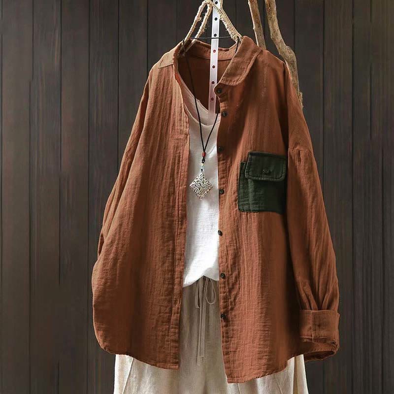 Buddha Stones Fall Contrasting Pocket Buttons Down Long Sleeve Women's Cotton Shirt - Orange - US4-8/10，UK/AU8-12/14，EU36-40/42 (F) - image 14