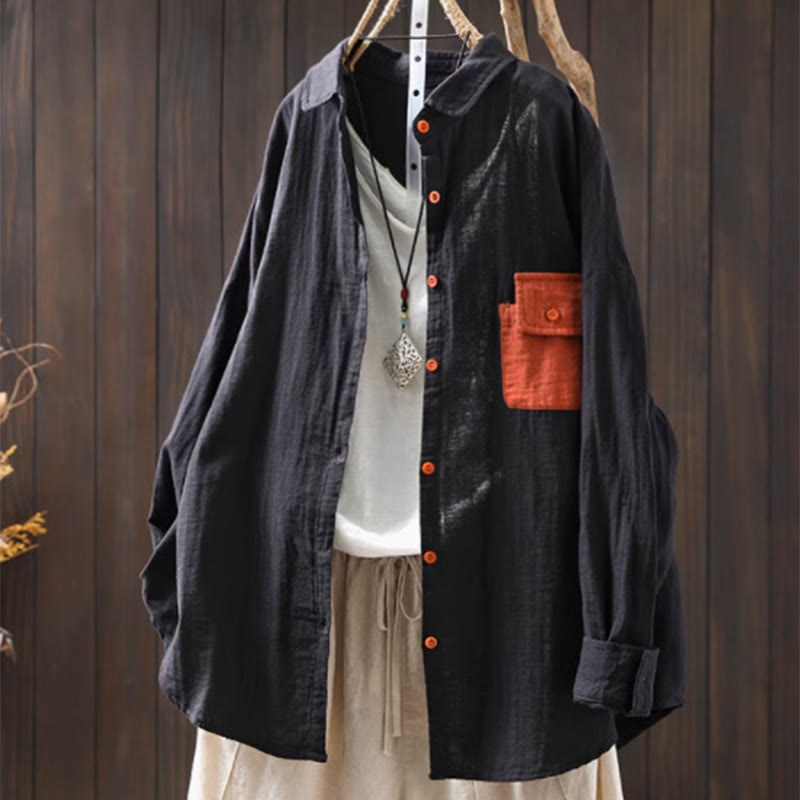 Buddha Stones Fall Contrasting Pocket Buttons Down Long Sleeve Women's Cotton Shirt - Black - US4-8/10，UK/AU8-12/14，EU36-40/42 (F) - image 18