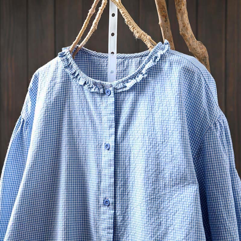 Buddha Stones Spring Small Plaid Buttons Down Long Sleeve Women's Cotton Shirt - image 2