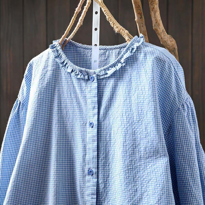 Buddha Stones Spring Small Plaid Buttons Down Long Sleeve Women's Cotton Shirt - image 2