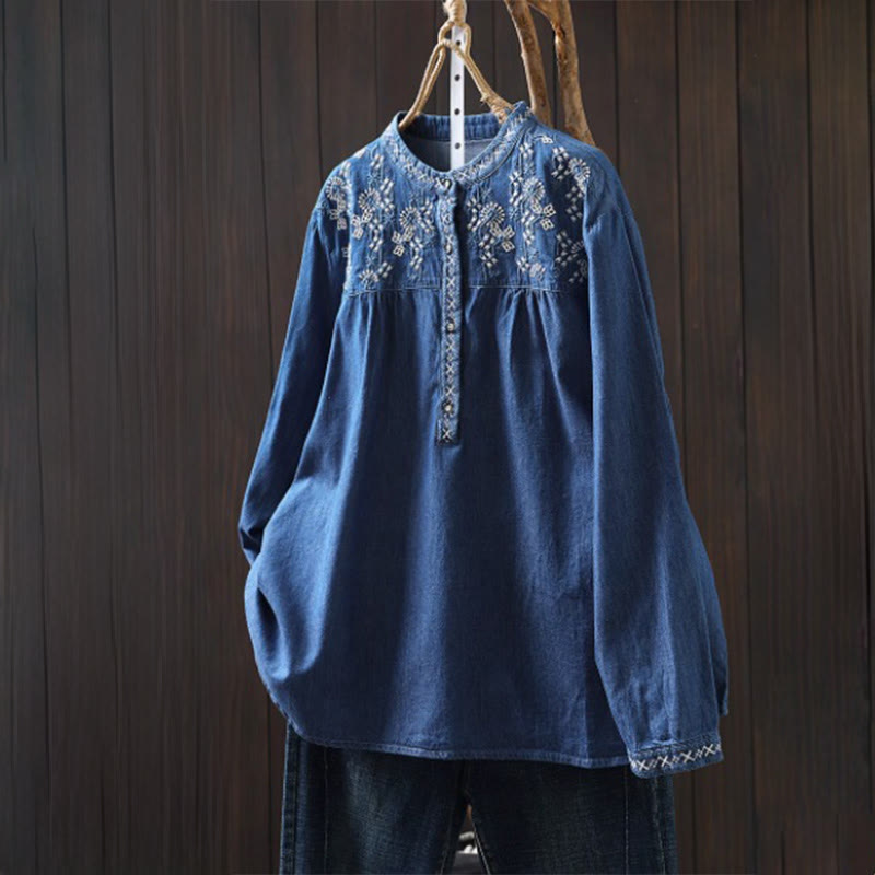 Buddha Stones Geometry Floral Embroidery Cotton Denim Half Buttons Long Sleeve Women's Shirt - RoyalBlue - US4-6，UK/AU8-10，EU36-38 (F) - image 17
