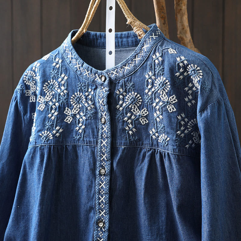 Buddha Stones Geometry Floral Embroidery Cotton Denim Half Buttons Long Sleeve Women's Shirt - image 18