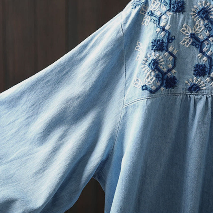 Buddha Stones Geometry Floral Embroidery Cotton Denim Half Buttons Long Sleeve Women's Shirt - image 9