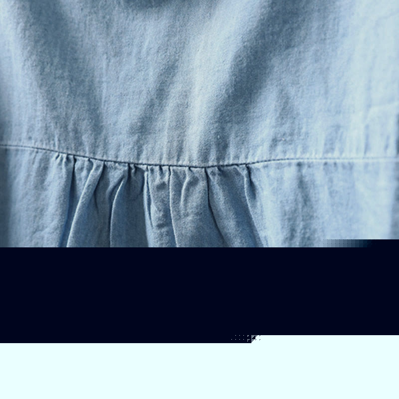 Buddha Stones Geometry Floral Embroidery Cotton Denim Half Buttons Long Sleeve Women's Shirt - image 7