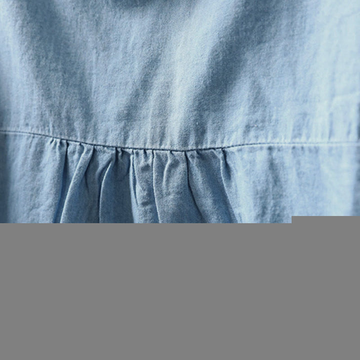 Buddha Stones Geometry Floral Embroidery Cotton Denim Half Buttons Long Sleeve Women's Shirt - image 7