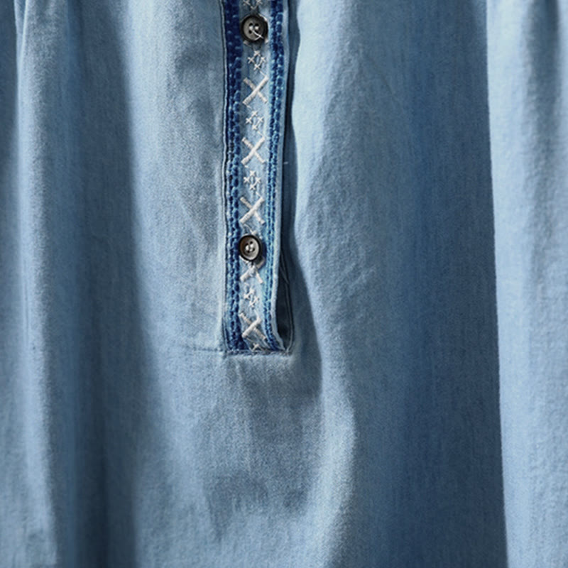 Buddha Stones Geometry Floral Embroidery Cotton Denim Half Buttons Long Sleeve Women's Shirt - image 6