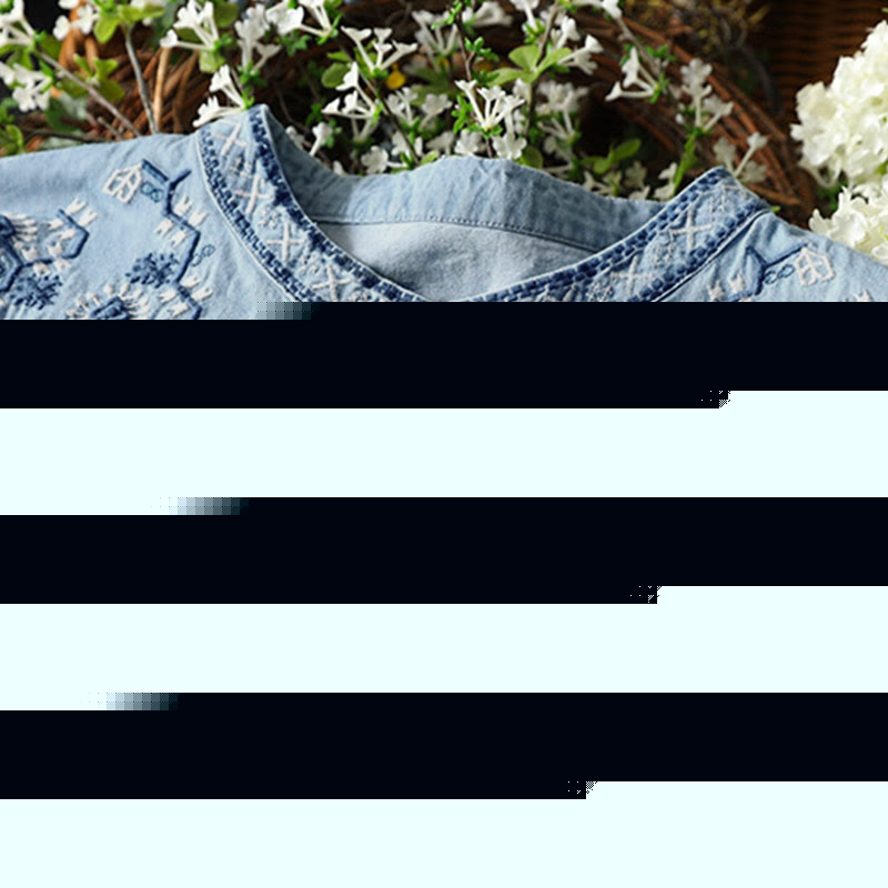 Buddha Stones Geometry Floral Embroidery Cotton Denim Half Buttons Long Sleeve Women's Shirt - image 8