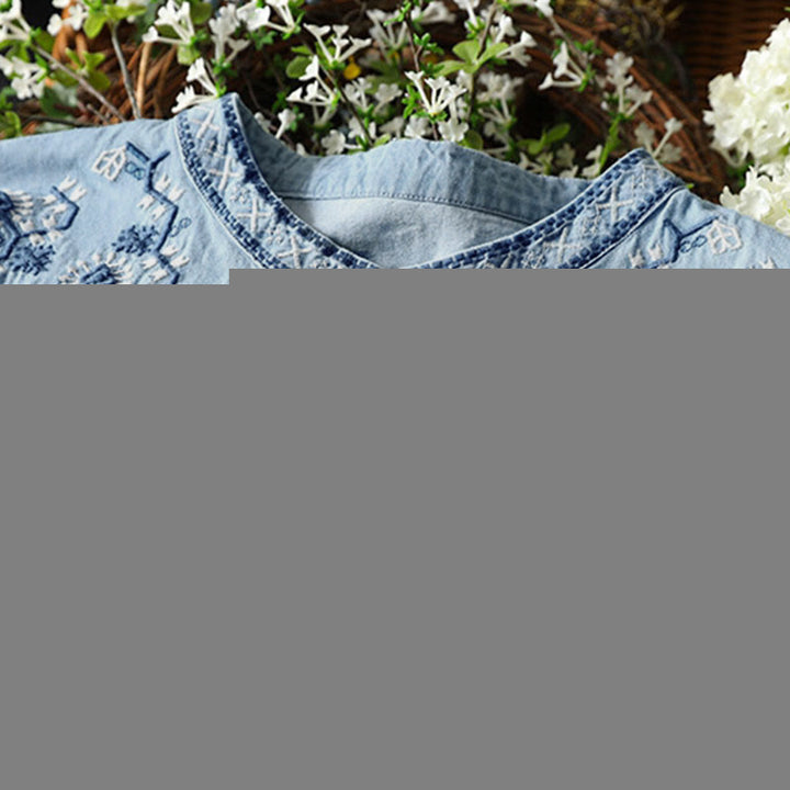 Buddha Stones Geometry Floral Embroidery Cotton Denim Half Buttons Long Sleeve Women's Shirt - image 8