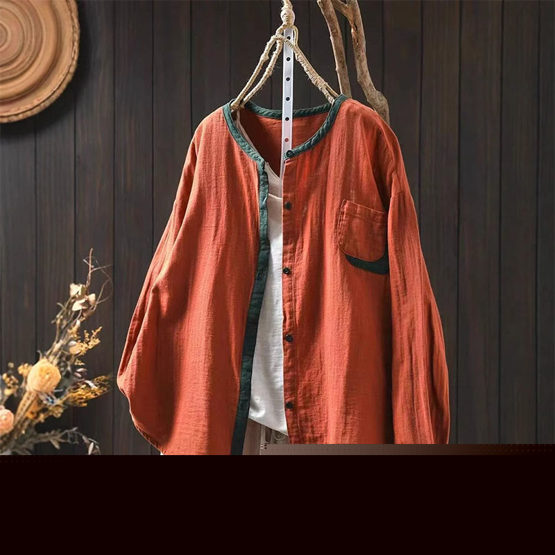 Buddha Stones Spring Contrasting Buttons Down Long Sleeve Women's Cotton Shirt - DarkOrange - US4-6，UK/AU8-10，EU36-38 (F) - image 12