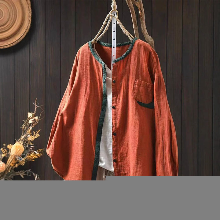 Buddha Stones Spring Contrasting Buttons Down Long Sleeve Women's Cotton Shirt - DarkOrange - US4-6，UK/AU8-10，EU36-38 (F) - image 12
