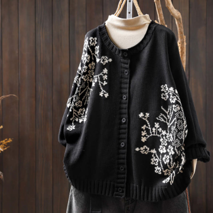 Buddha Stones Floral Buttons Cotton Women's Long Batwing Sleeve Knitted Cardigan - Black - US4-6，UK/AU8-10，EU36-38 (F) - image 19