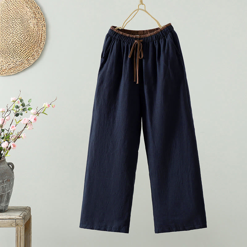 Buddha Stones Winter Contrasting Drawstring Cotton Linen Women's Wide Leg Pants With Pockets - SteelBlue - US8-10，UK/AU12-14，EU40-42 (2XL) - image 1