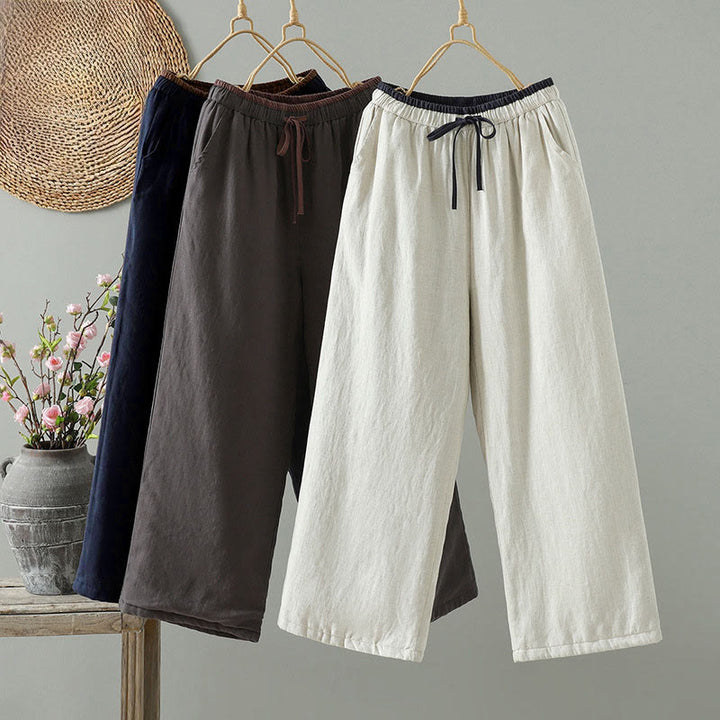 Buddha Stones Winter Contrasting Drawstring Cotton Linen Women's Wide Leg Pants With Pockets - image 0
