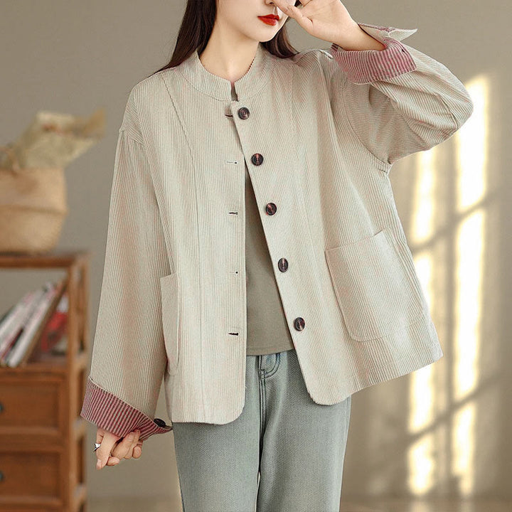 Buddha Stones Buttons Design Corduroy Long Sleeve Women's Jacket With Pockets - Beige - US8-10，UK/AU12-14，EU40-42 (2XL) - image 0
