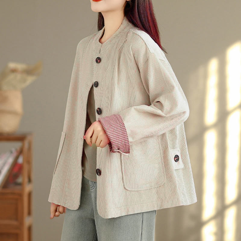 Buddha Stones Buttons Design Corduroy Long Sleeve Women's Jacket With Pockets - image 4