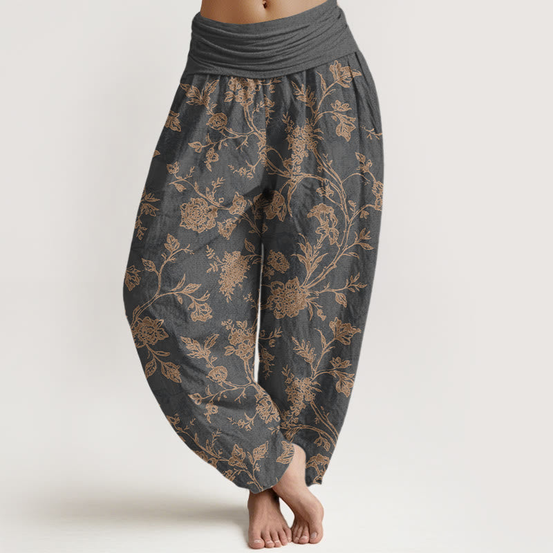 Buddha Stones Cotton Full Coverage Flowers Pattern Women's Elastic Waist Harem Pants - DimGray - US16，UK/AU20，EU48 (3XL) - image 5