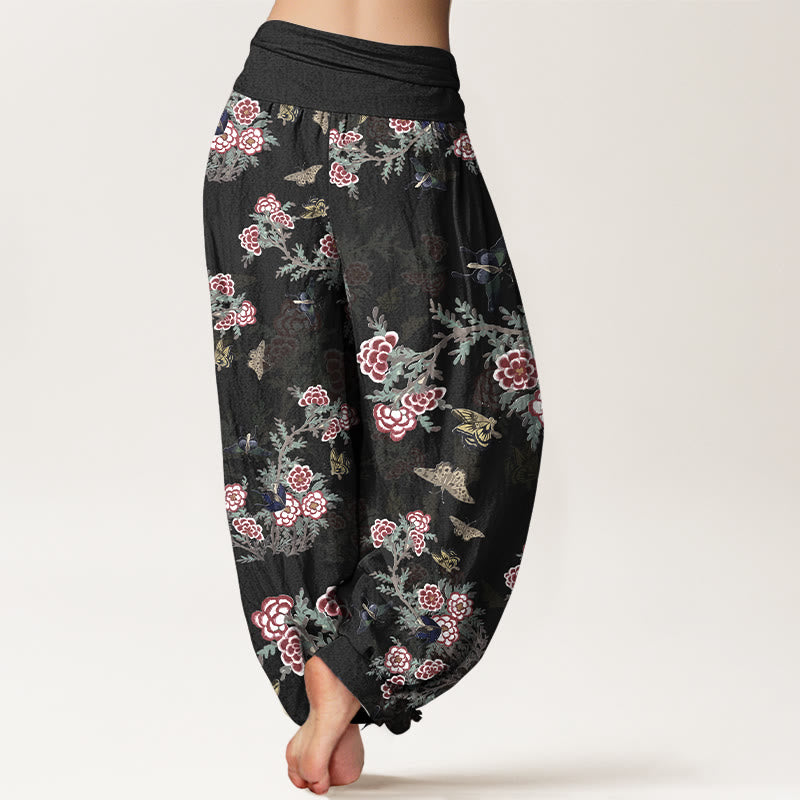 Buddha Stones Cotton Flowers Leaves Butterfly Pattern Women's Elastic Waist Harem Pants - image 1