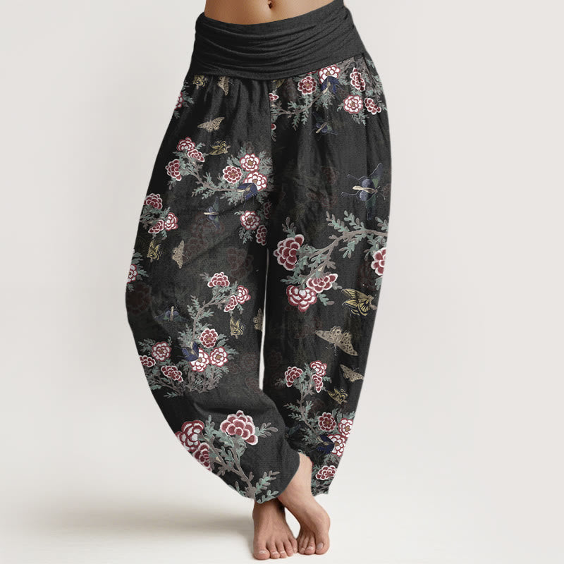 Buddha Stones Cotton Flowers Leaves Butterfly Pattern Women's Elastic Waist Harem Pants - Black - US16，UK/AU20，EU48 (3XL) - image 0