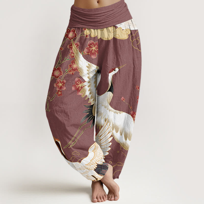 Buddha Stones Pure Cotton Cranes Flowers Auspicious Clouds Pattern Women's Elastic Waist Harem Pants - PaleVioletRed - US22，UK/AU26，EU54 (6XL) - image 5