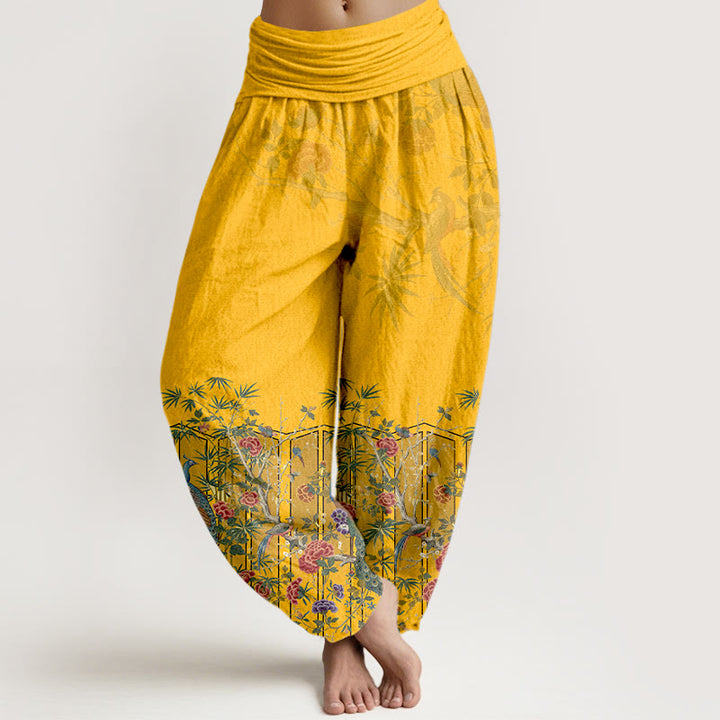 Buddha Stones Cotton Gorgeous Peacock Flower Pattern Women's Elastic Waist Harem Pants - Gold - US16，UK/AU20，EU48 (3XL) - image 0